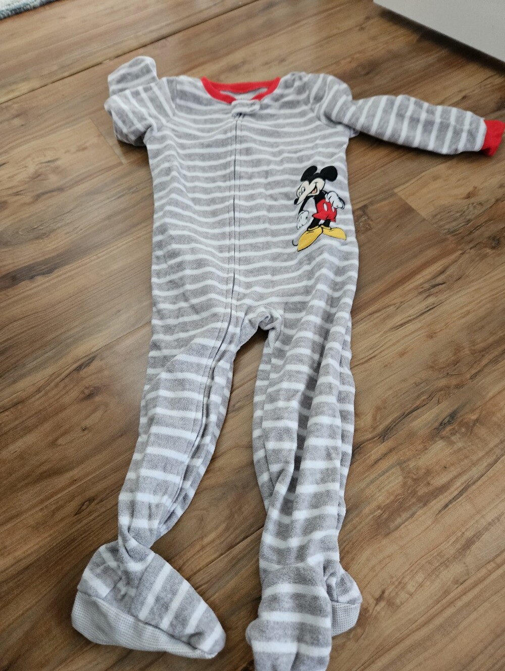 Carter's 24 M Gray & White Striped Mickey Mouse Footed One-Piece with Red Trim